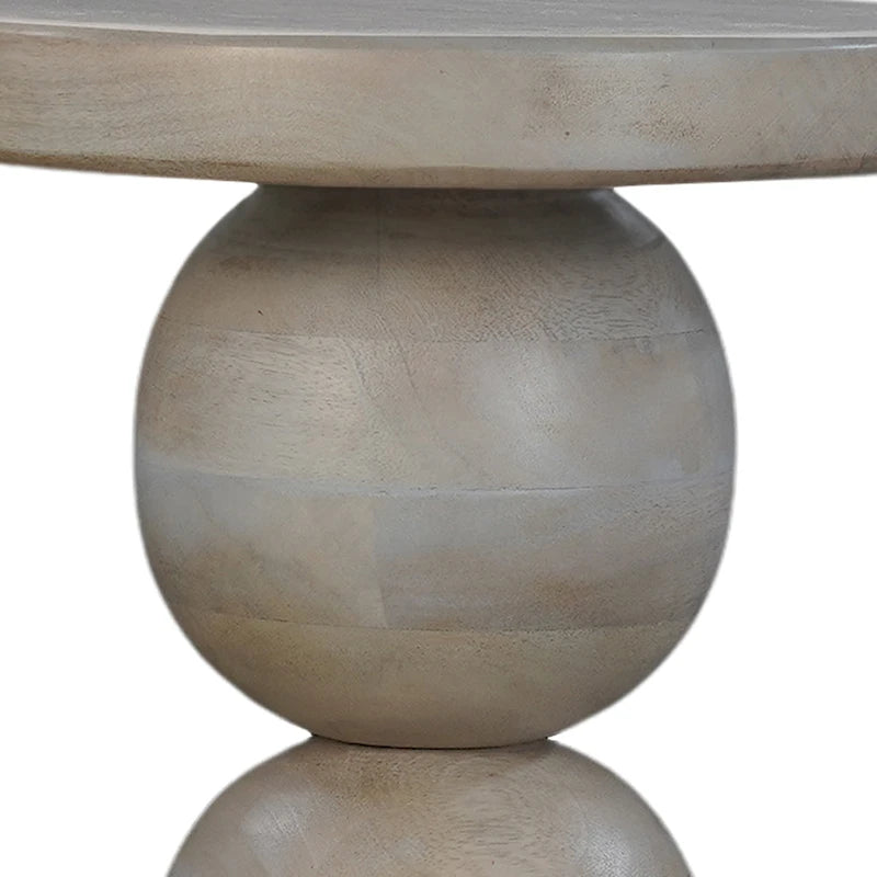 Tia 12 Inch Round Side End Table, Turned Pedestal Base, Beige Mango Wood in Natural Brown Finish