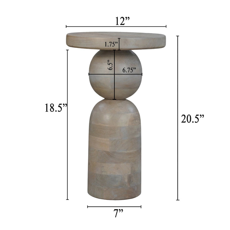 Tia 12 Inch Round Side End Table, Turned Pedestal Base, Beige Mango Wood in Natural Brown Finish