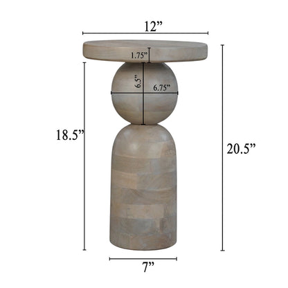Tia 12 Inch Round Side End Table, Turned Pedestal Base, Beige Mango Wood in Natural Brown Finish