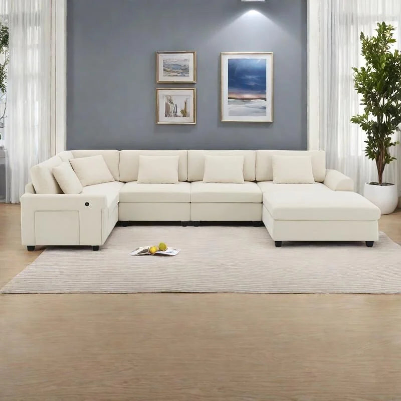 128 Chenille U-Shaped Sectional Sofa with Ottoman, 6-Seater Couch Set and Hidden Storage, USB Charging &amp; Cup Holders