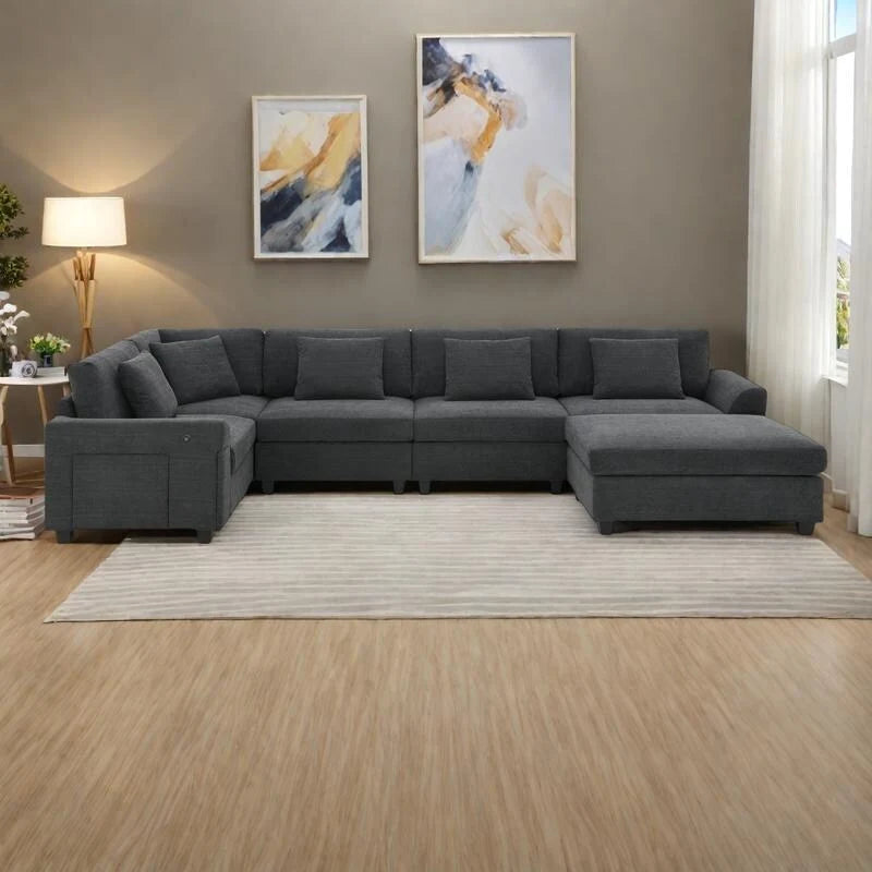 128 Chenille U-Shaped Sectional Sofa with Ottoman, 6-Seater Couch Set and Hidden Storage, USB Charging & Cup Holders