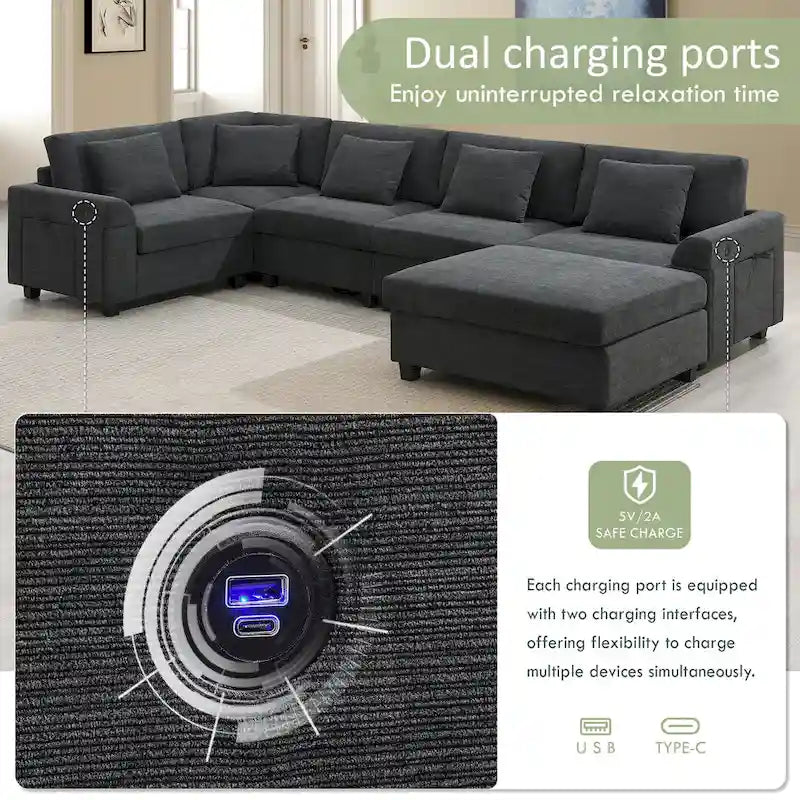 128 Chenille U-Shaped Sectional Sofa with Ottoman, 6-Seater Couch Set and Hidden Storage, USB Charging &amp; Cup Holders