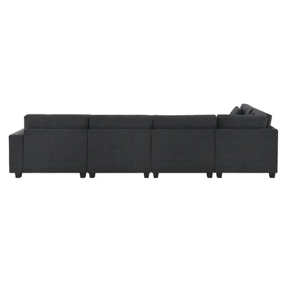 128 Chenille U-Shaped Sectional Sofa with Ottoman, 6-Seater Couch Set and Hidden Storage, USB Charging &amp; Cup Holders