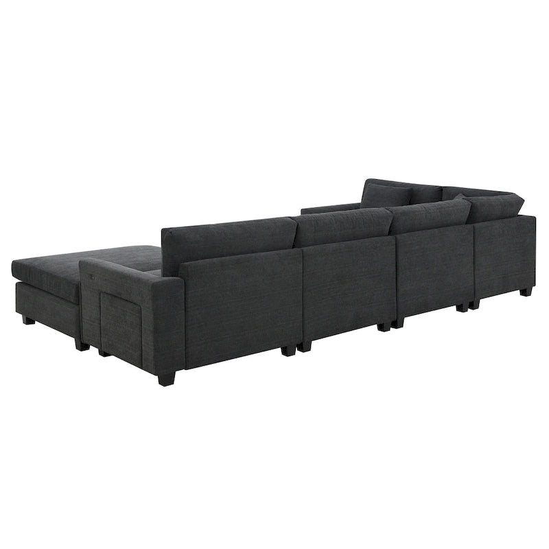 128 Chenille U-Shaped Sectional Sofa with Ottoman, 6-Seater Couch Set and Hidden Storage, USB Charging &amp; Cup Holders