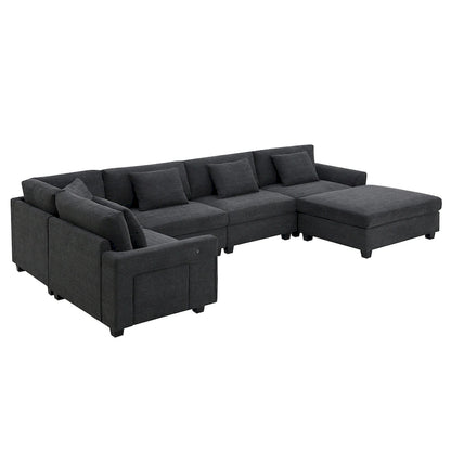 128 Chenille U-Shaped Sectional Sofa with Ottoman, 6-Seater Couch Set and Hidden Storage, USB Charging &amp; Cup Holders