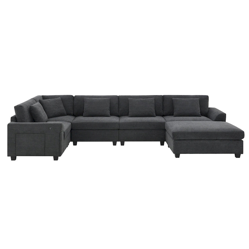 128 Chenille U-Shaped Sectional Sofa with Ottoman, 6-Seater Couch Set and Hidden Storage, USB Charging &amp; Cup Holders