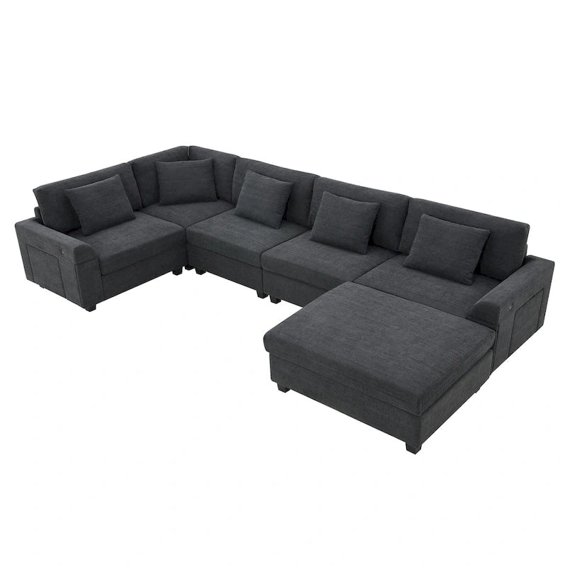 128 Chenille U-Shaped Sectional Sofa with Ottoman, 6-Seater Couch Set and Hidden Storage, USB Charging &amp; Cup Holders