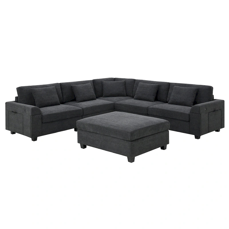 128 Chenille U-Shaped Sectional Sofa with Ottoman, 6-Seater Couch Set and Hidden Storage, USB Charging &amp; Cup Holders