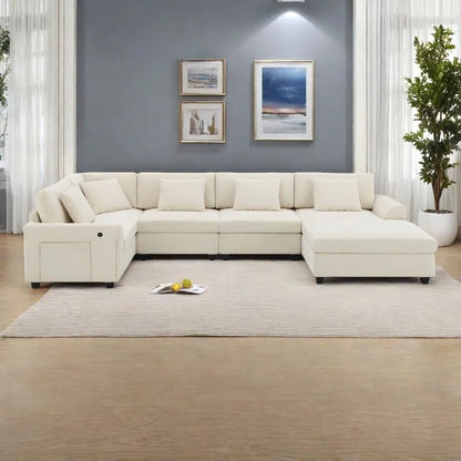 128 Chenille U-Shaped Sectional Sofa with Ottoman, 6-Seater Couch Set and Hidden Storage, USB Charging &amp; Cup Holders