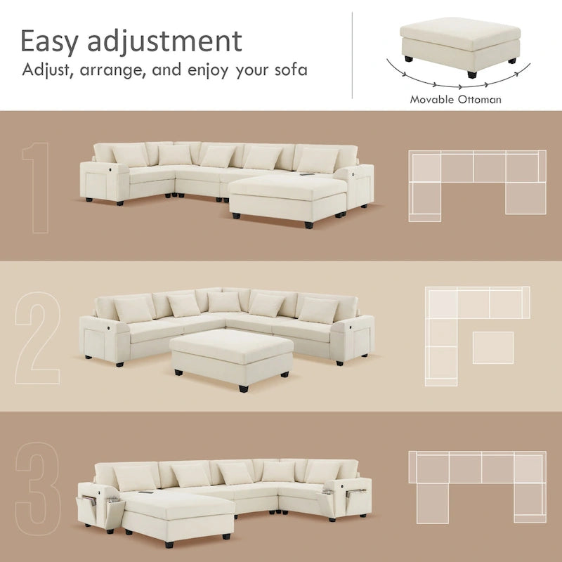 128 Chenille U-Shaped Sectional Sofa with Ottoman, 6-Seater Couch Set and Hidden Storage, USB Charging &amp; Cup Holders