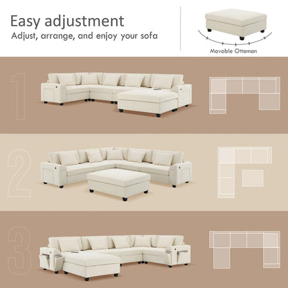 128 Chenille U-Shaped Sectional Sofa with Ottoman, 6-Seater Couch Set and Hidden Storage, USB Charging &amp; Cup Holders