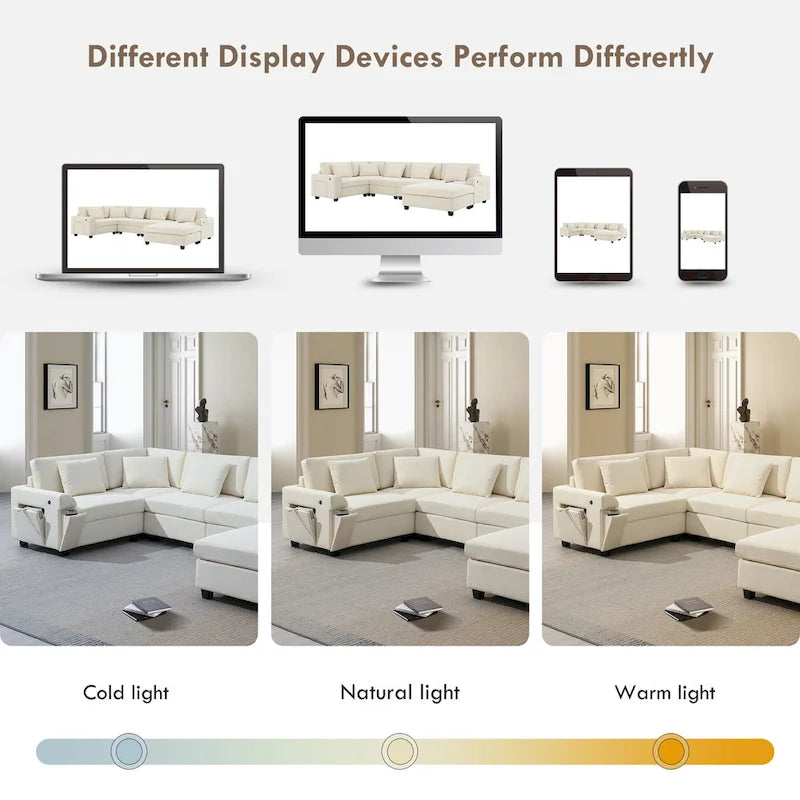 128 Chenille U-Shaped Sectional Sofa with Ottoman, 6-Seater Couch Set and Hidden Storage, USB Charging &amp; Cup Holders