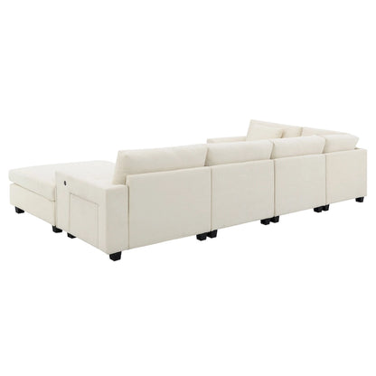 128 Chenille U-Shaped Sectional Sofa with Ottoman, 6-Seater Couch Set and Hidden Storage, USB Charging &amp; Cup Holders