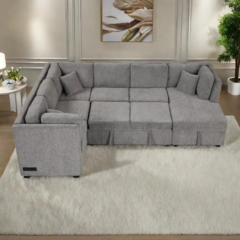 108.6 Chenille U-Shaped Sectional Sofa Bed with USB Ports, Storage Chair, and 3 Back Pillows