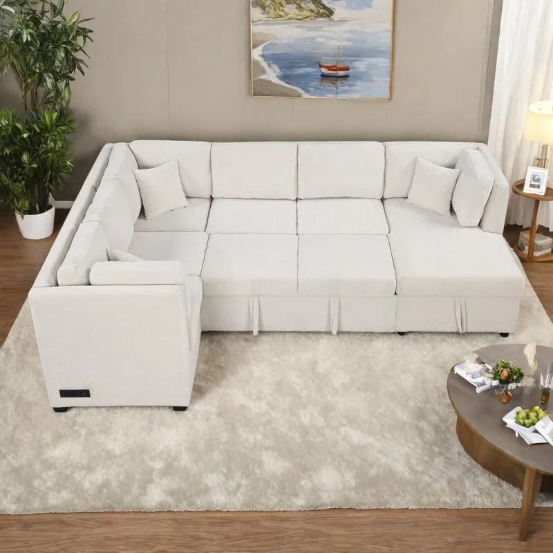 108.6 Chenille U-Shaped Sectional Sofa Bed with USB Ports, Storage Chair, and 3 Back Pillows
