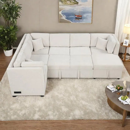 108.6 Chenille U-Shaped Sectional Sofa Bed with USB Ports, Storage Chaise, and 3 Back Pillows