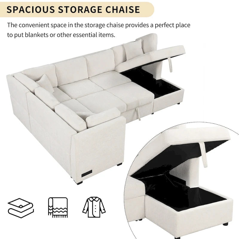 108.6 Chenille U-Shaped Sectional Sofa Bed with USB Ports, Storage Chair, and 3 Back Pillows