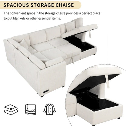 108.6 Chenille U-Shaped Sectional Sofa Bed with USB Ports, Storage Chair, and 3 Back Pillows