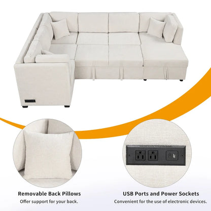 108.6 Chenille U-Shaped Sectional Sofa Bed with USB Ports, Storage Chair, and 3 Back Pillows