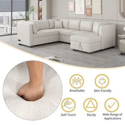 108.6 Chenille U-Shaped Sectional Sofa Bed with USB Ports, Storage Chair, and 3 Back Pillows