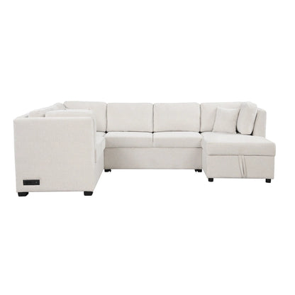 108.6 Chenille U-Shaped Sectional Sofa Bed with USB Ports, Storage Chair, and 3 Back Pillows