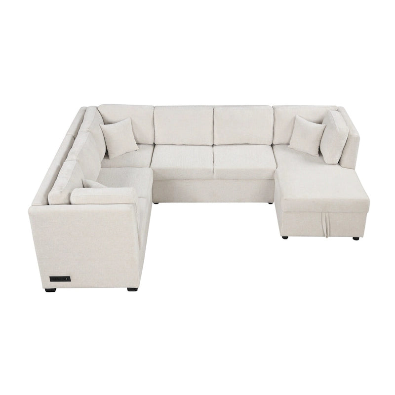 108.6 Chenille U-Shaped Sectional Sofa Bed with USB Ports, Storage Chair, and 3 Back Pillows