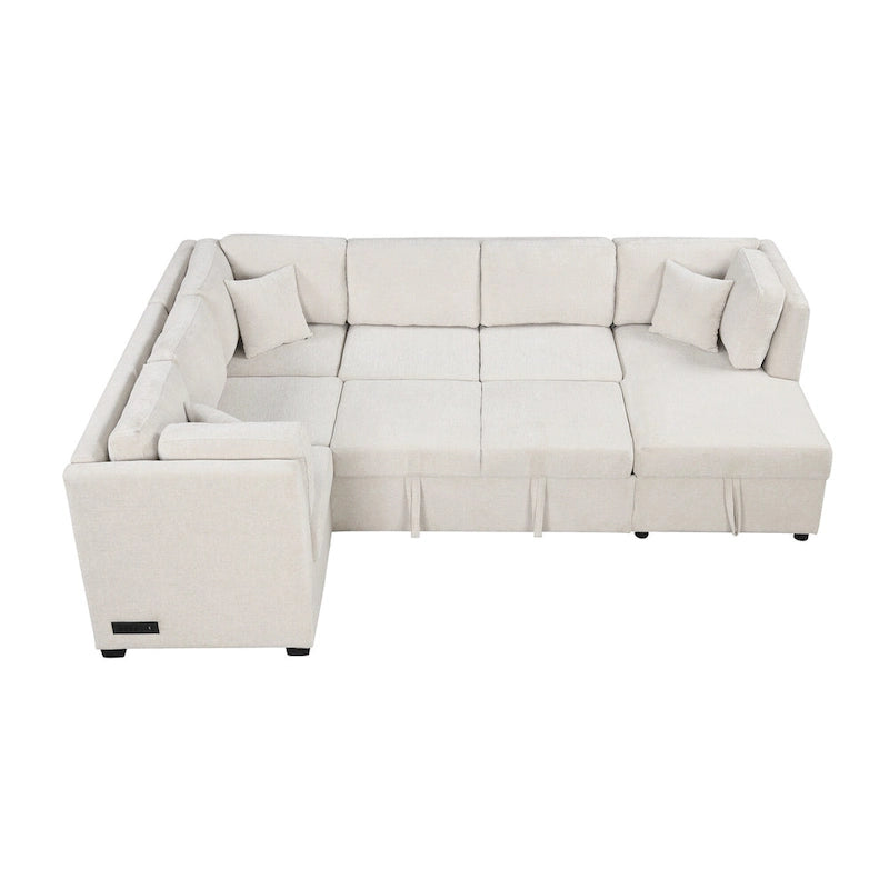 108.6 Chenille U-Shaped Sectional Sofa Bed with USB Ports, Storage Chair, and 3 Back Pillows