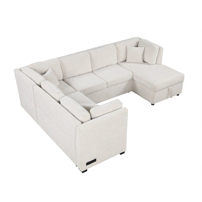 108.6 Chenille U-Shaped Sectional Sofa Bed with USB Ports, Storage Chair, and 3 Back Pillows