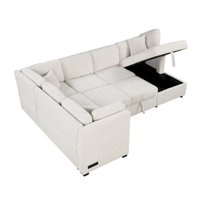 108.6 Chenille U-Shaped Sectional Sofa Bed with USB Ports, Storage Chair, and 3 Back Pillows