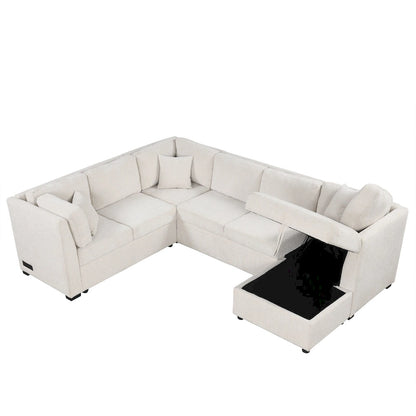 108.6 Chenille U-Shaped Sectional Sofa Bed with USB Ports, Storage Chair, and 3 Back Pillows