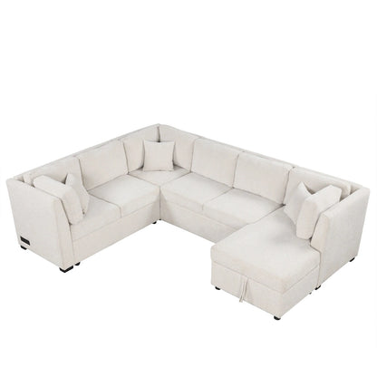 108.6 Chenille U-Shaped Sectional Sofa Bed with USB Ports, Storage Chair, and 3 Back Pillows