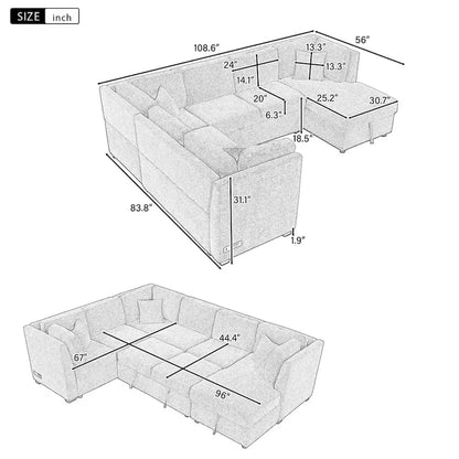 108.6 Chenille U-Shaped Sectional Sofa Bed with USB Ports, Storage Chair, and 3 Back Pillows