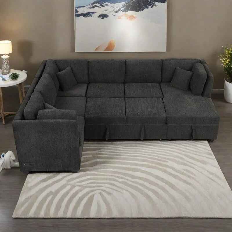 108.6 Chenille U-Shaped Sectional Sofa Bed with USB Ports, Storage Chair, and 3 Back Pillows