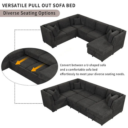 108.6 Chenille U-Shaped Sectional Sofa Bed with USB Ports, Storage Chair, and 3 Back Pillows