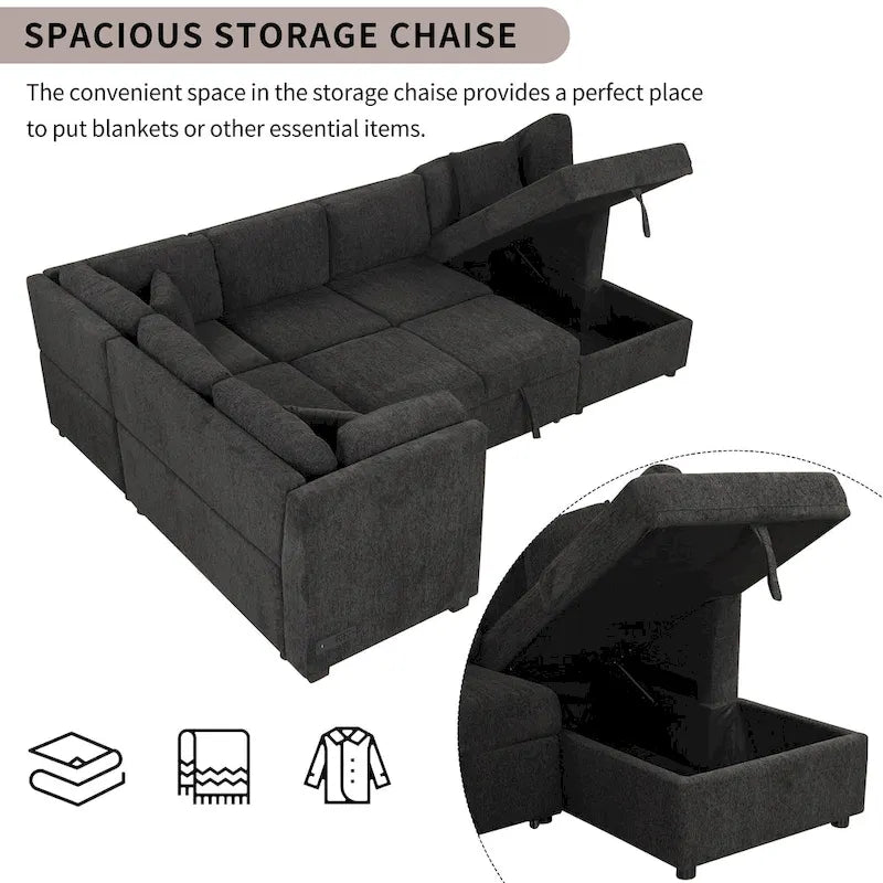 108.6 Chenille U-Shaped Sectional Sofa Bed with USB Ports, Storage Chair, and 3 Back Pillows