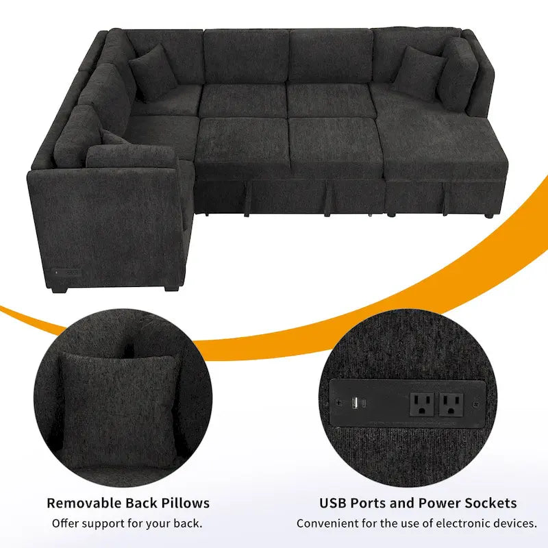 108.6 Chenille U-Shaped Sectional Sofa Bed with USB Ports, Storage Chair, and 3 Back Pillows