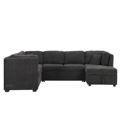 108.6 Chenille U-Shaped Sectional Sofa Bed with USB Ports, Storage Chair, and 3 Back Pillows