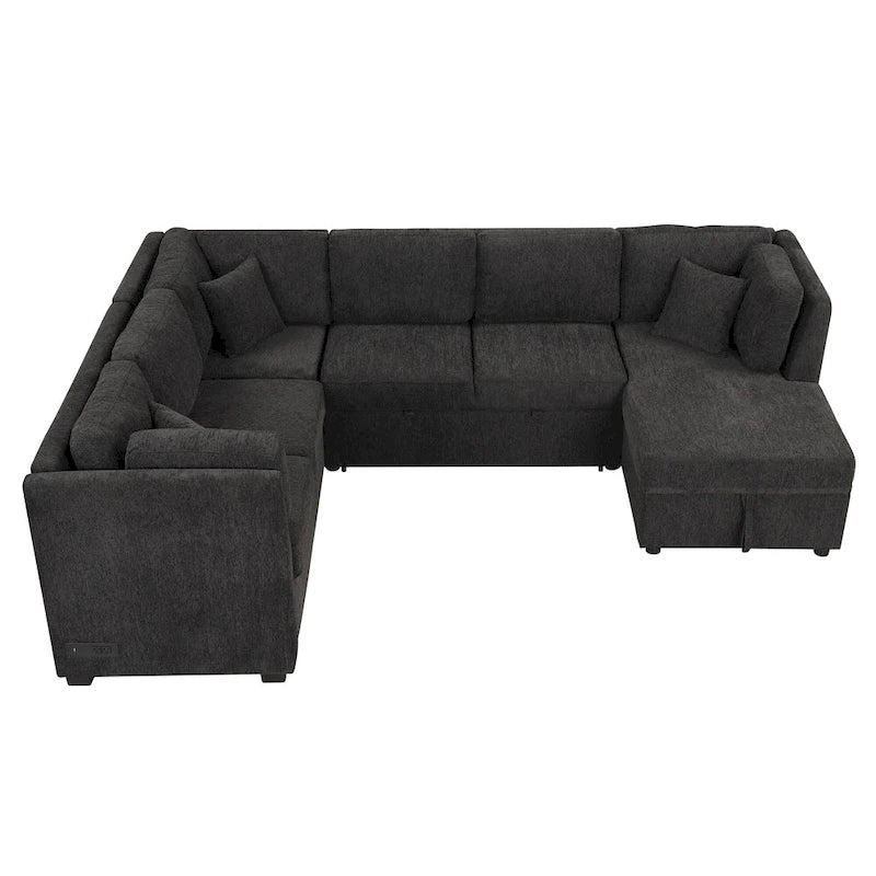 108.6 Chenille U-Shaped Sectional Sofa Bed with USB Ports, Storage Chair, and 3 Back Pillows