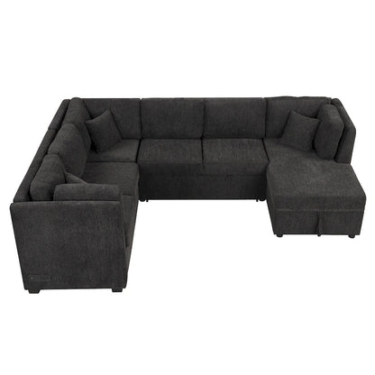 108.6 Chenille U-Shaped Sectional Sofa Bed with USB Ports, Storage Chair, and 3 Back Pillows