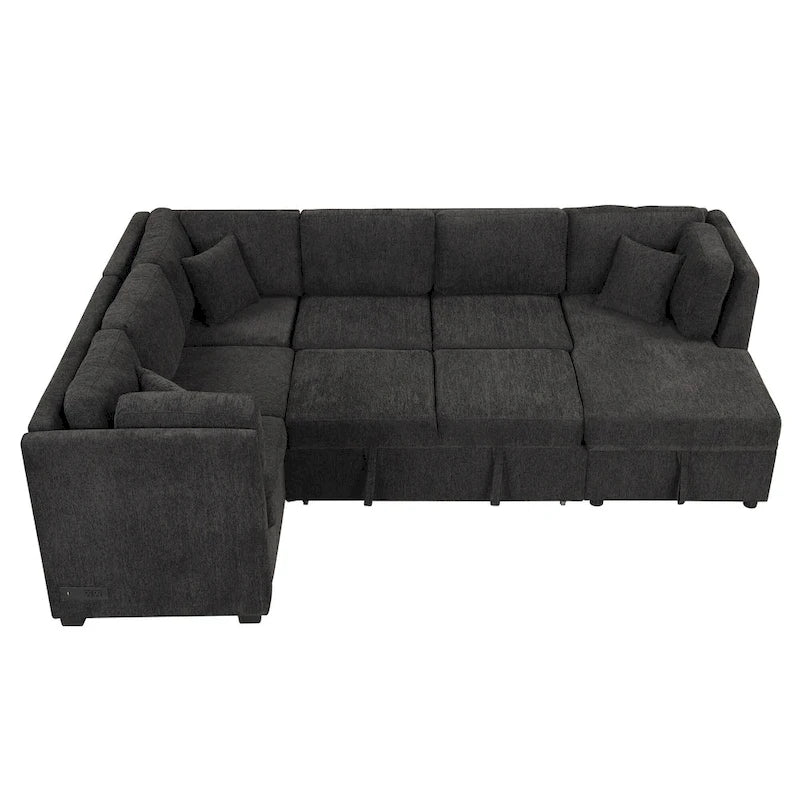 108.6 Chenille U-Shaped Sectional Sofa Bed with USB Ports, Storage Chair, and 3 Back Pillows