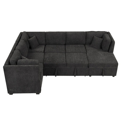 108.6 Chenille U-Shaped Sectional Sofa Bed with USB Ports, Storage Chair, and 3 Back Pillows