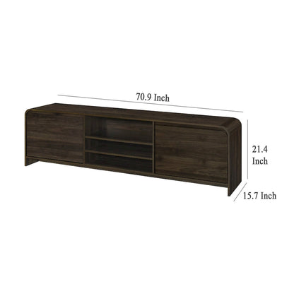 Maria TV Stand Media Cabinet, 2 Drawer and Shelves, Brown Wood 71 Inch