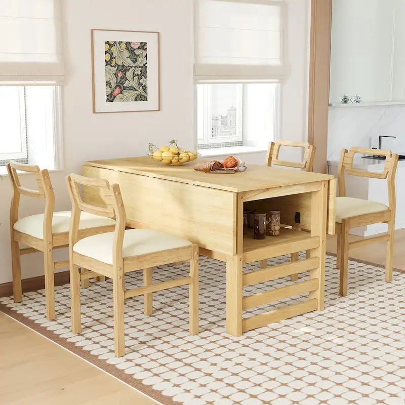 Wood Dining Table Set for 4, Extendable Square Kitchen Table Set with Two Drop Leaves, Storage Shelf and 4 Upholstered Chairs
