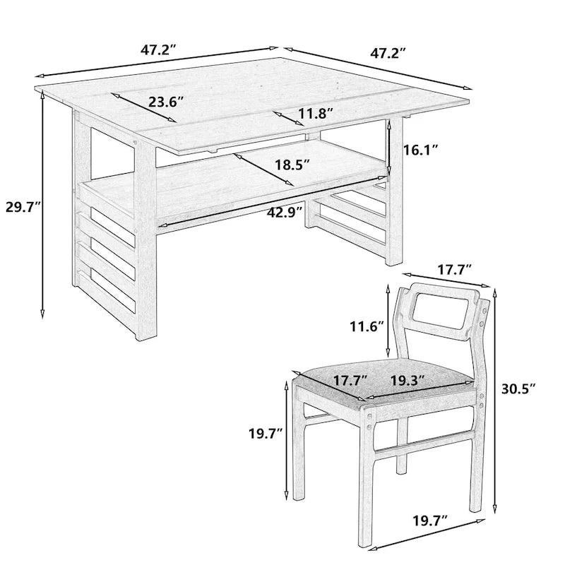Wood Dining Table Set for 4, Extendable Square Kitchen Table Set with Two Drop Leaves, Storage Shelf and 4 Upholstered Chairs