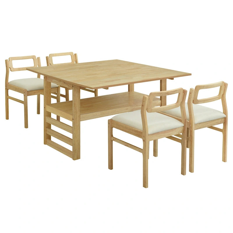 Wood Dining Table Set for 4, Extendable Square Kitchen Table Set with Two Drop Leaves, Storage Shelf and 4 Upholstered Chairs