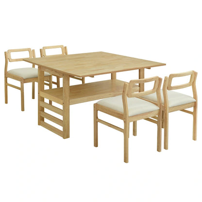 Wood Dining Table Set for 4, Extendable Square Kitchen Table Set with Two Drop Leaves, Storage Shelf and 4 Upholstered Chairs