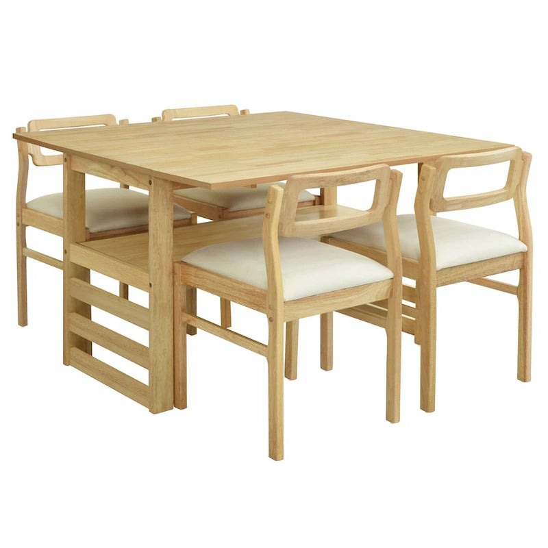 Wood Dining Table Set for 4, Extendable Square Kitchen Table Set with Two Drop Leaves, Storage Shelf and 4 Upholstered Chairs