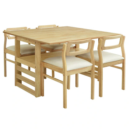 Wood Dining Table Set for 4, Extendable Square Kitchen Table Set with Two Drop Leaves, Storage Shelf and 4 Upholstered Chairs