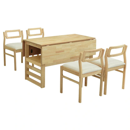 Wood Dining Table Set for 4, Extendable Square Kitchen Table Set with Two Drop Leaves, Storage Shelf and 4 Upholstered Chairs