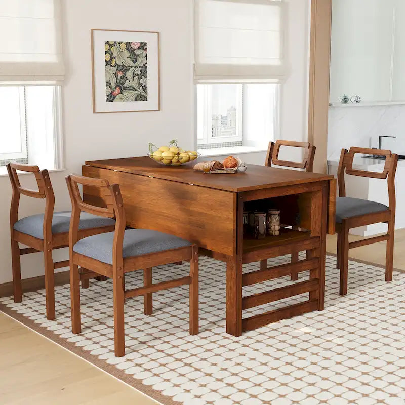 Wood Dining Table Set for 4, Extendable Square Kitchen Table Set with Two Drop Leaves, Storage Shelf and 4 Upholstered Chairs